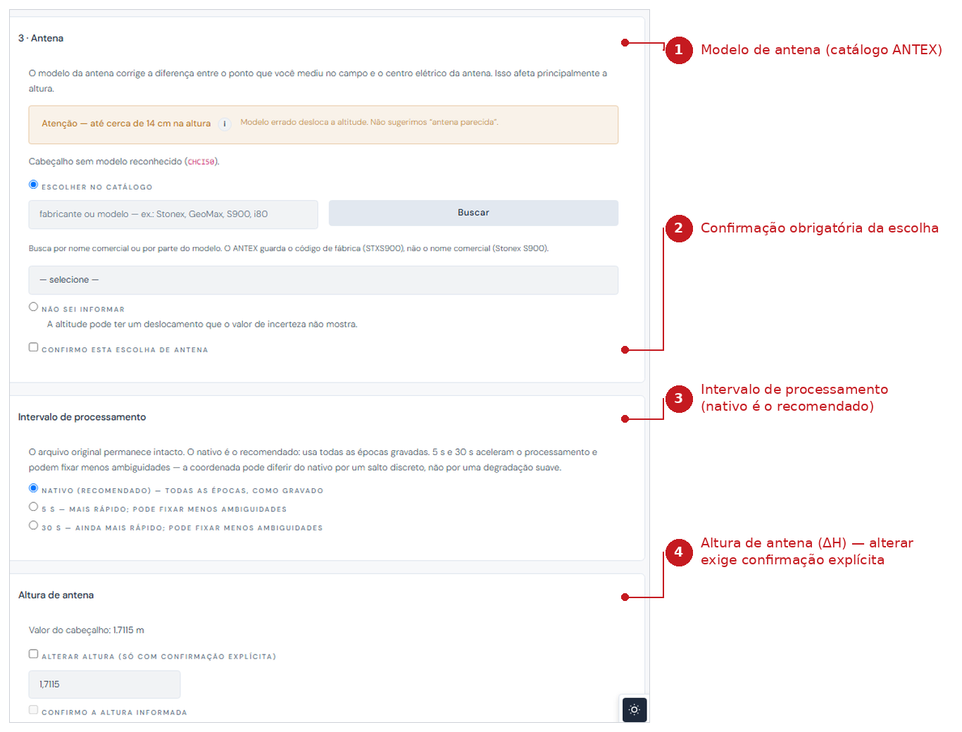 Modelo de antena, intervalo de processamento e altura de antena, com as confirmações exigidas.